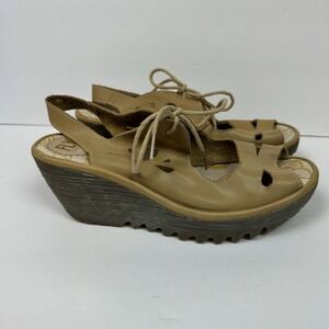 Fly London Yend Platform Wedge Lace Up Sandal EU 40 US 9 - 9.5 Beige